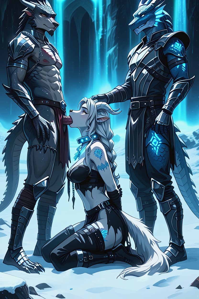 Broken Silver Dragonborn Kneeling In Snow, Ropa Rasgada, Hyper Detailed Fur And Scale Texture Furry IA