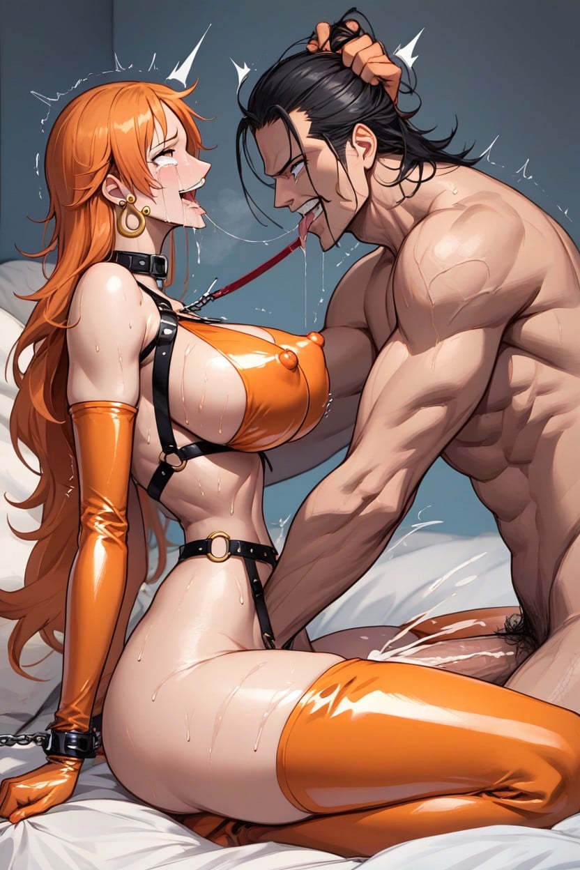Extremely Wide Hips, Wide Open Eyes, Orange Latex Thigh High Boots AI Porn