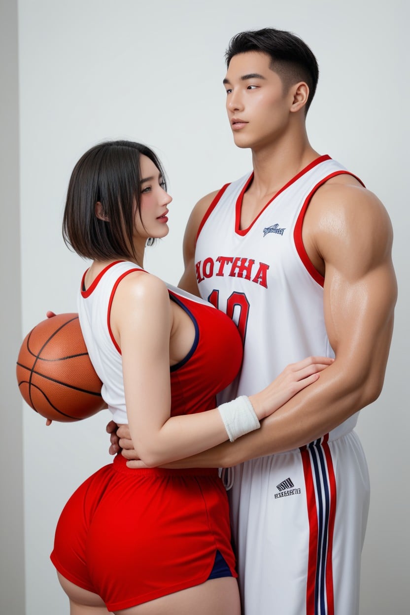 Parted Bangs, Indoor Basketball Court, Wet Clothes Asian AI Porn