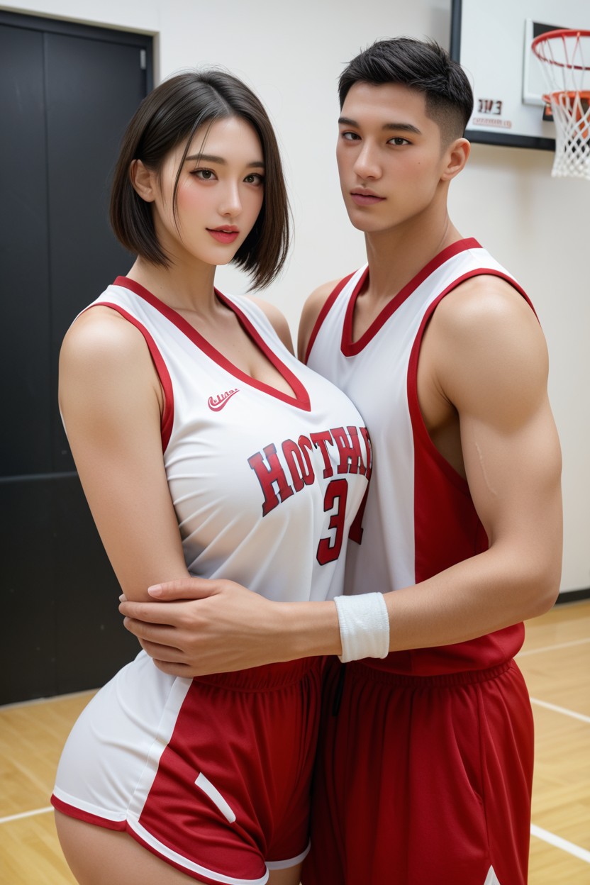 Wet Clothes, Indoor Basketball Court, Pale Skin Asian AI Porn