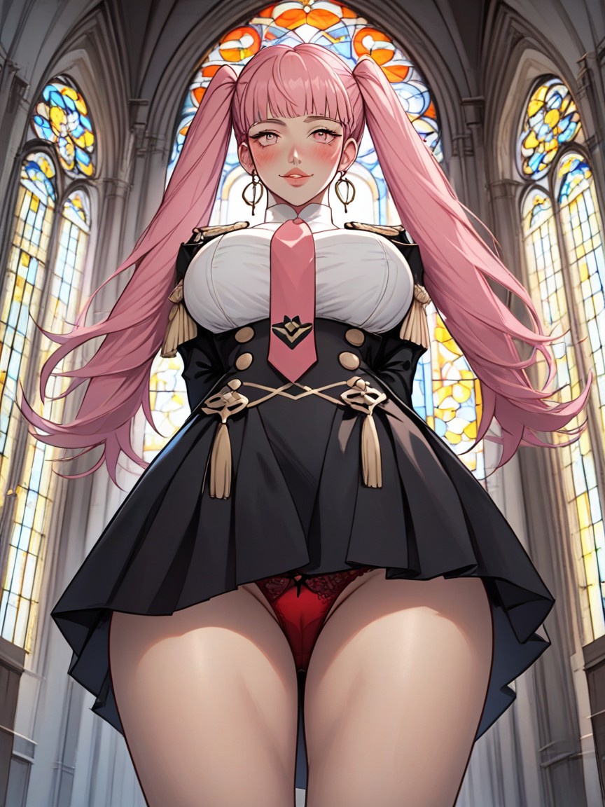 Body Shot, Arms Behind Back, Wears Tie Side Red Panties Under Skirt Hentai AI Porn