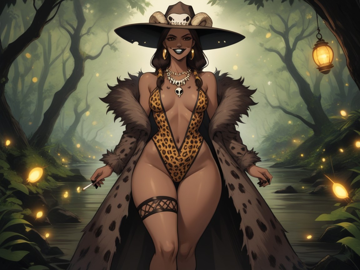 Leopard Print Bodice With Black Lace Trim, Black Lipstick, Brown Eyes Porno latina IA