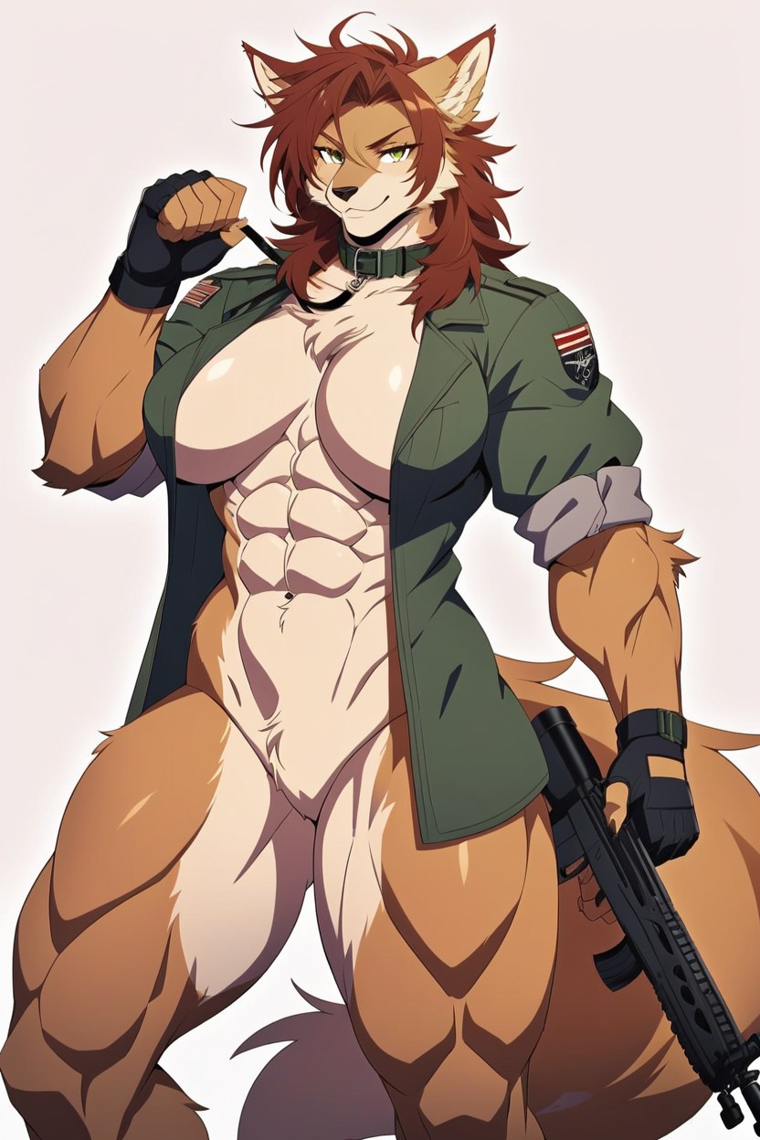 Fluffy Tail, Open Clothes, Tactical Backpack Strap Around Boobs Furry AI Porn