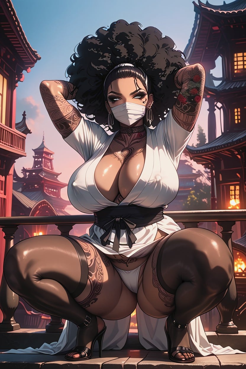 Cleavage, Covered In Tattoos, White Ninja Mask Over Mouth Hentai AI Porn