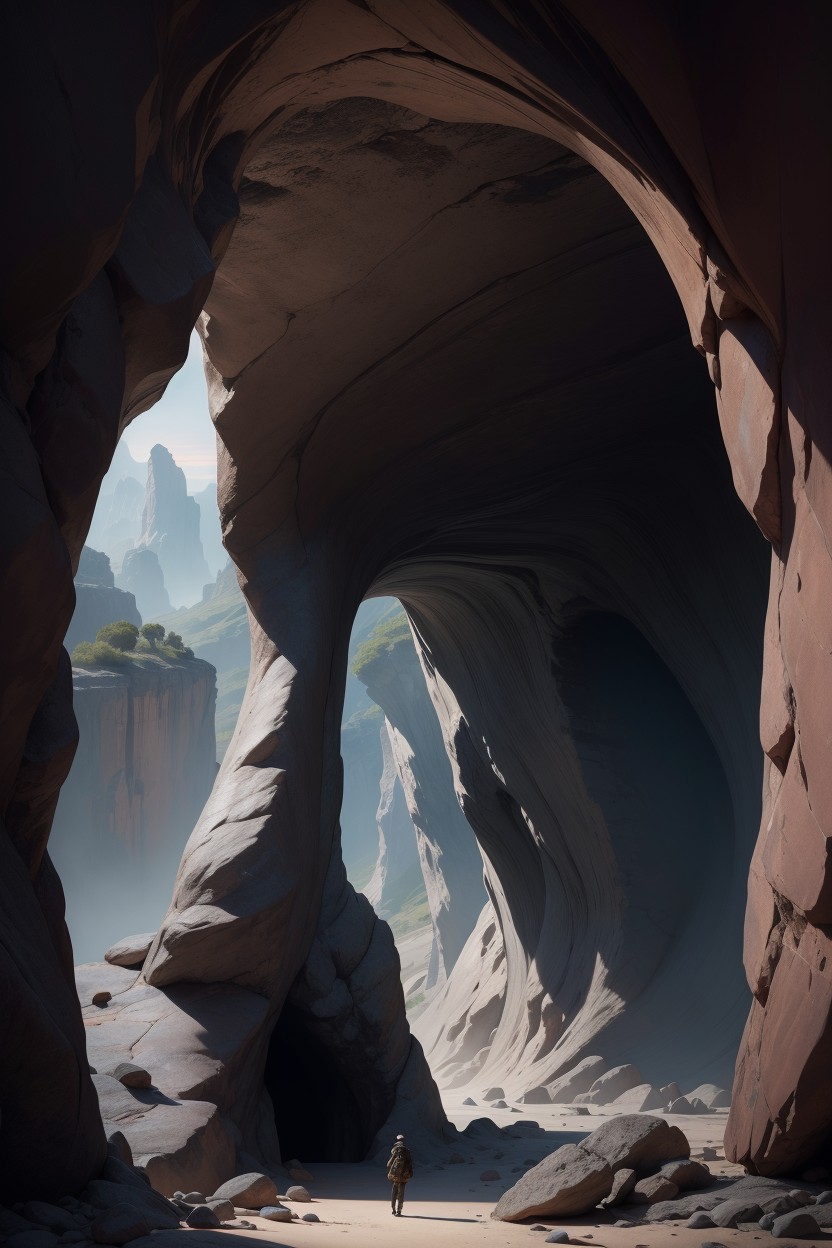 Vagina Cave, Bushes And Foliage In Front Of Cave Entrance, Fully Clothed Explorers Hentai AI Porn