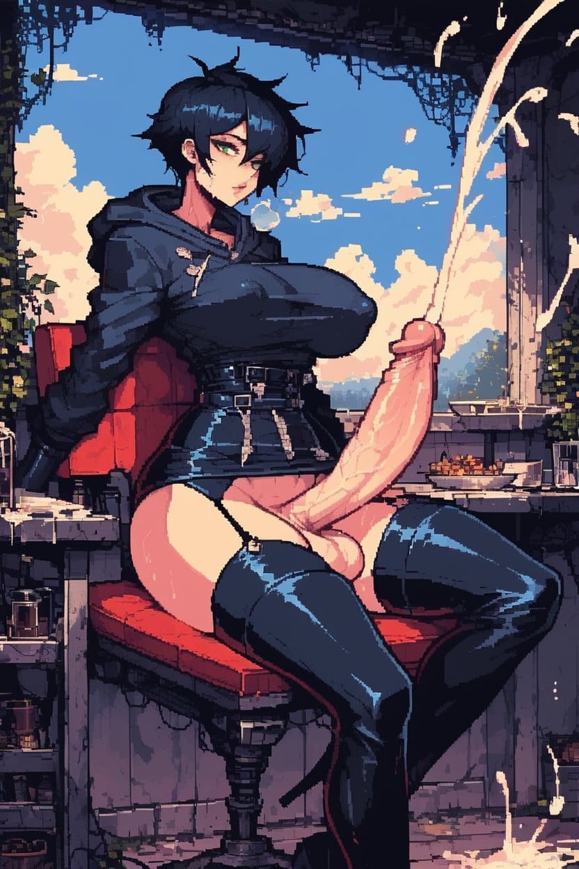 Tilted Camera Angle, Futanari Cum, Goth Look Shemale AI Porn