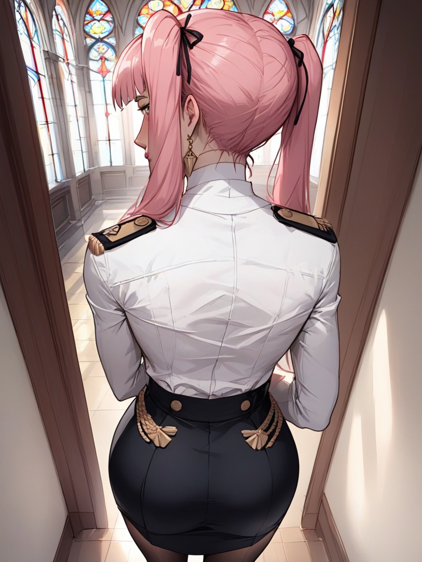 She Has Long Pink Hair Tied Into Twin Ponytails, Hourglass, Cute Hentai AI Porn