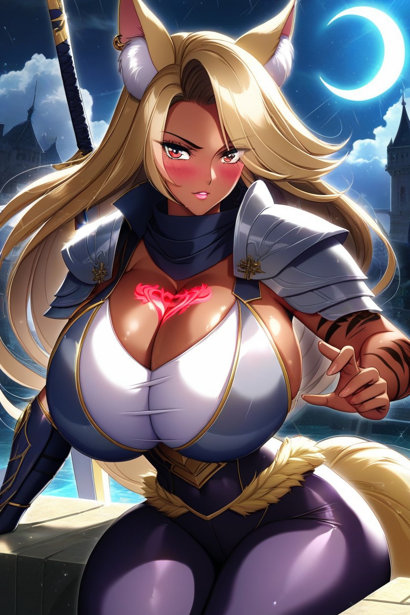 Holding Huge Sword, Glowing Red Tattoos, Glowing Red Tiger Stripe Tattoos On Arms Hentai AI Porn