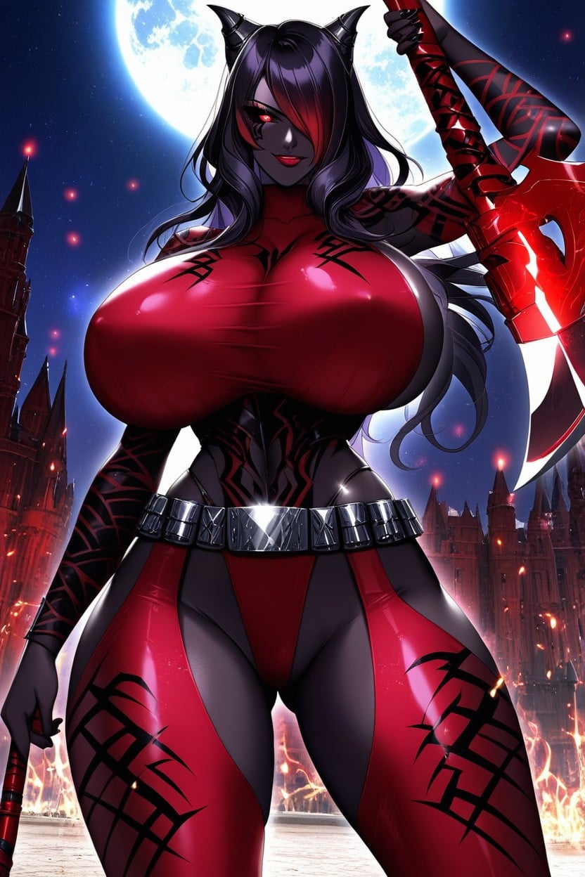 Black Hair Red Hair, Hyper Breasts, Purple Thong Strings AI 포르노
