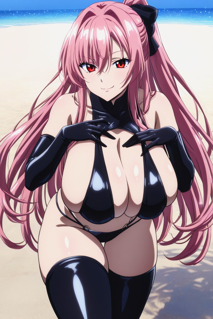 Deep Cleavage, Pink Hair, Black Bikini Hentai AI Porn