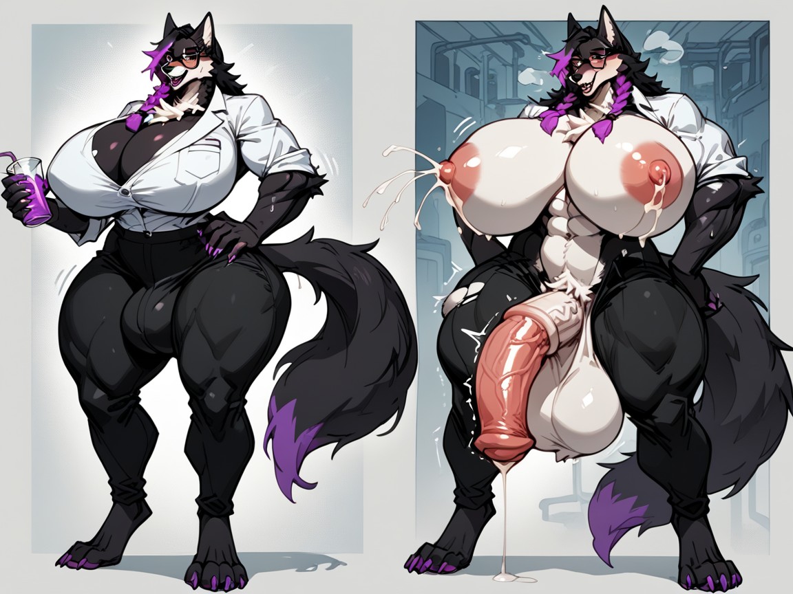 Transforming Into Extremely Tall Extremely Muscular Futanari Anthrowolf, Throbbing Balls, Black Fur Furry AI Porn