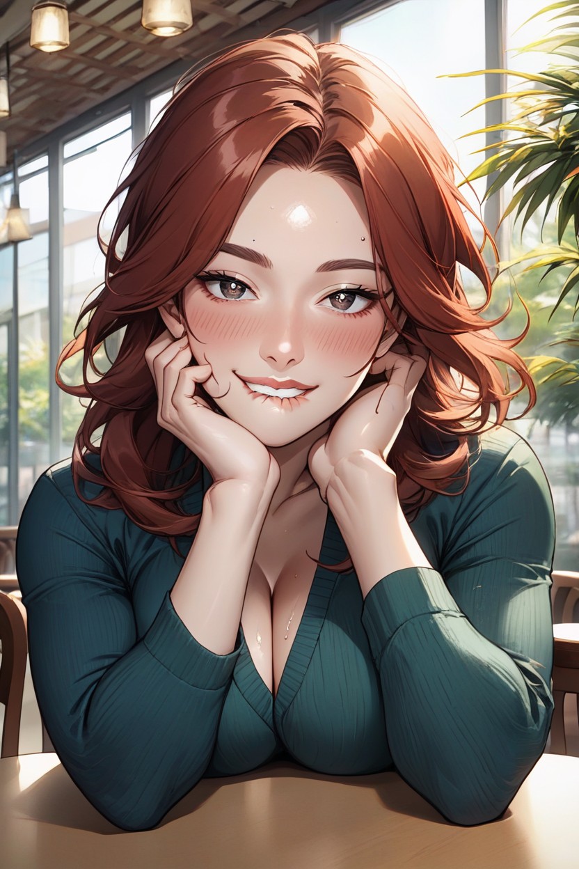 Sky, Leaning On Hand, Auburn Hair Hentai AI Porn
