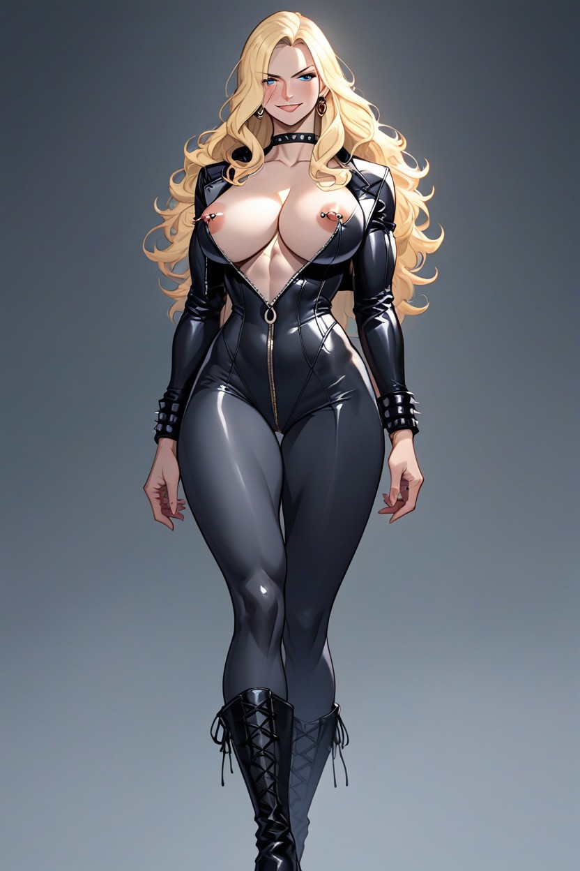 25+, One Piece Bustier Leotard Combination Under A Blue Lapelled Jacket, Nipple Piercing AI Porn
