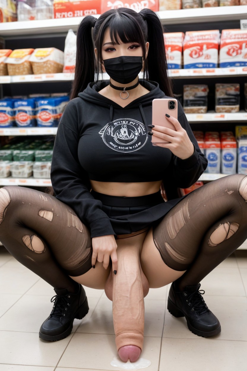 Squatting, Gigantic Penis, Leaking Precum Shemale AI Porn