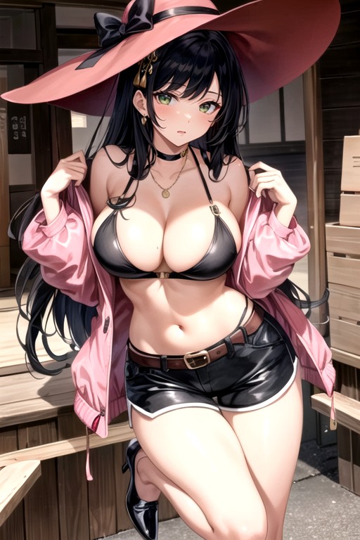 Long Pearly Neckless, Dark Crimson Wide Brim Hat, Pink Fur Jacket AI Porn
