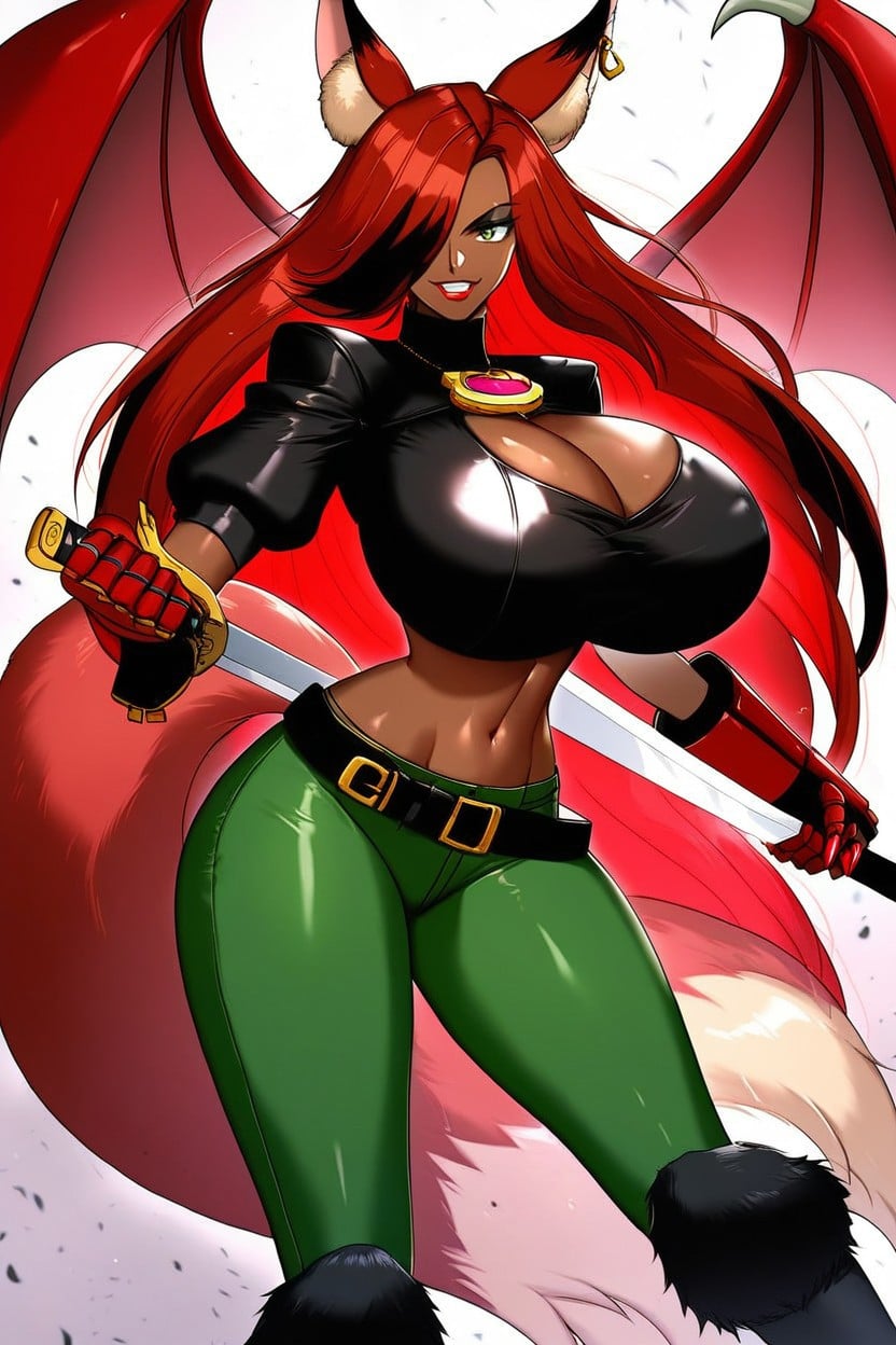 Exposed Stomach, Absurdly Long Hair, Short Sleeves Ebony AI Porn