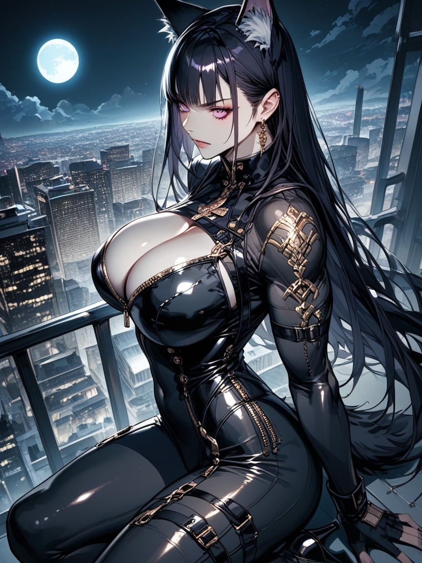 Purple Eyes, Side View, On Rooftop Hentai AI Porn