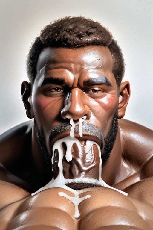 18+, Brown Stubble, Extreme Close Up Of A Black Cock In A Man Throat AI Gay Porn