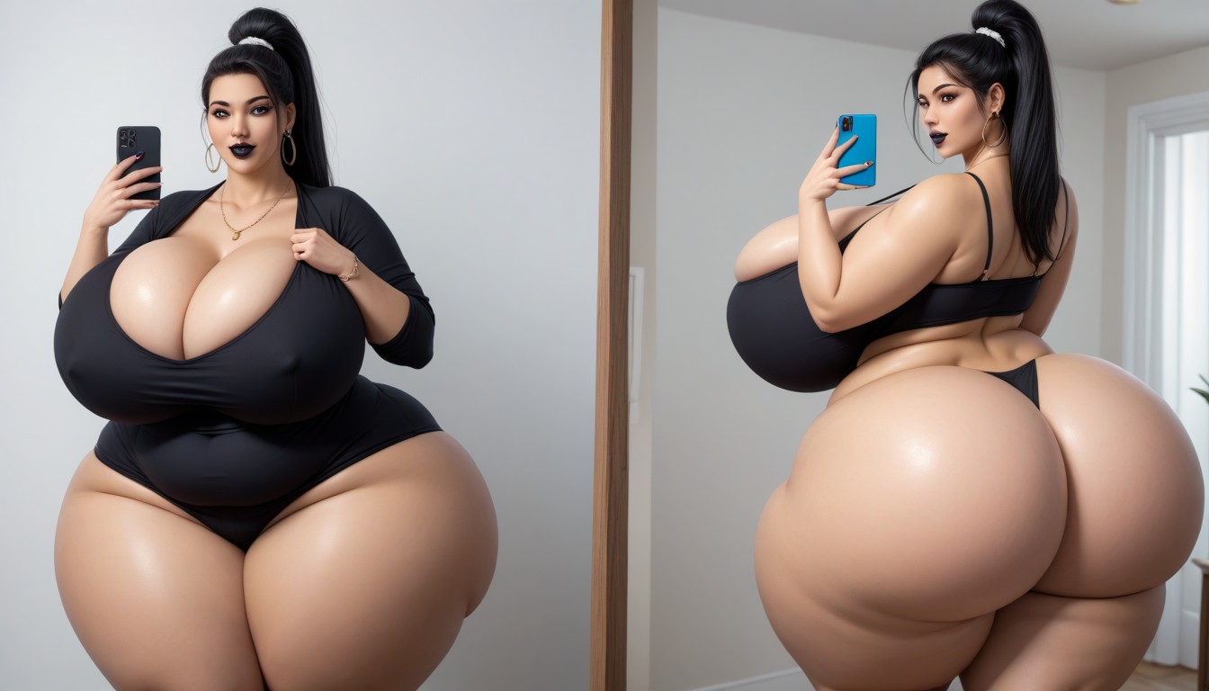 Split Screen Veiws Of Her Going Thought An Ultra Mega Massive Busty Weight Gain In Sequence, Fat Gothic, 18+ BBW AI Porn