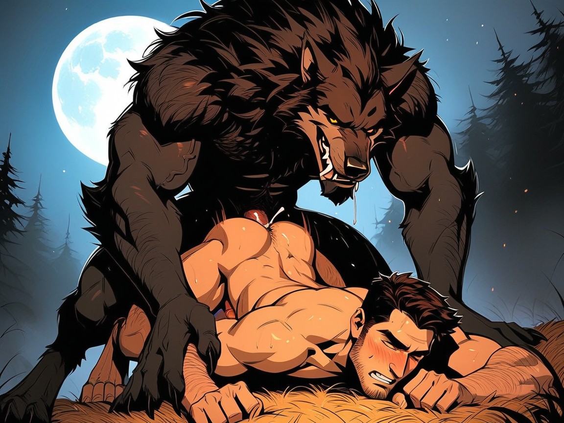 Both Are Covered In Brown Fur, Werewolf Red Wet Veiny Knot Penis, Large Yellow Full Moon In The Sky AI Gay Porn