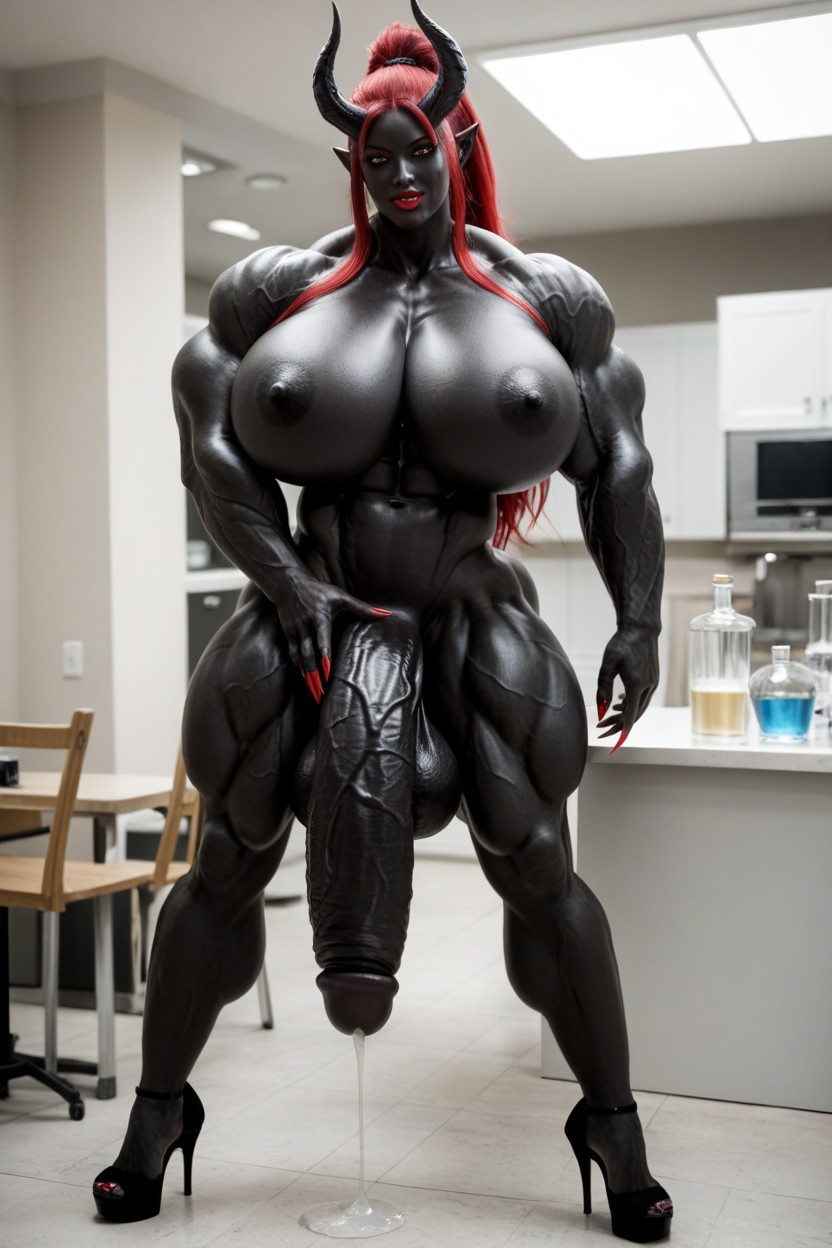 Wide Hips, Full Body View, Hyper Black Cock Growth Shemale AI Porn