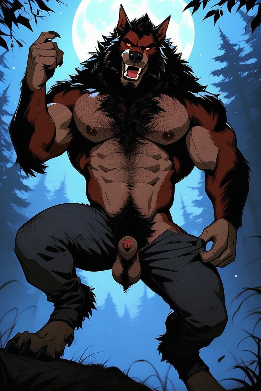 Huge Arms And Hands, Average Sized Furry Sheath Penis, The Werewolfs Red Penis Head Is Emerging From Its Sheath AI Gay Porn