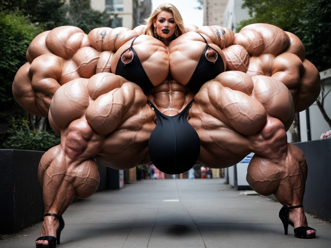 Hyper Massive Muscular Thighs, Long Legs, Nipple Piercing Shemale AI Porn