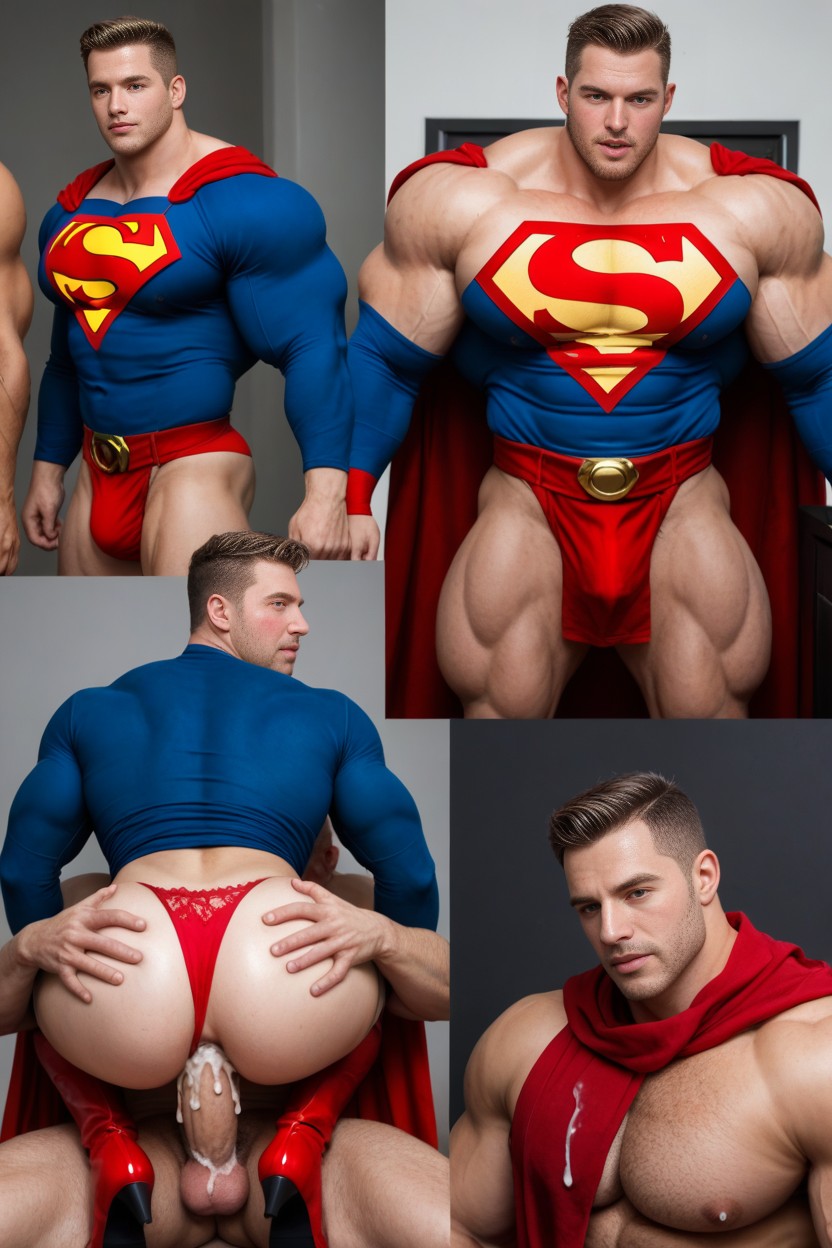 Superhero, Superman-like Superhero, Torn Blue Shirt Red Boots AI Gay Porn