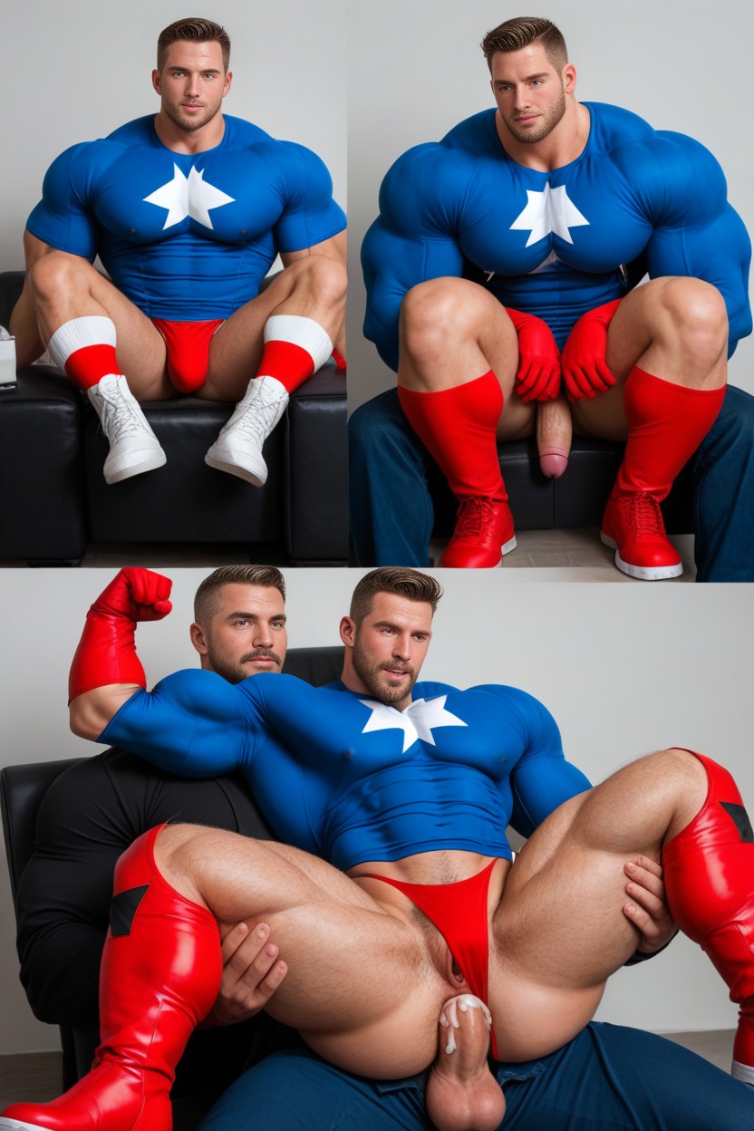 Huge Thick Thighs, Only Men, Captain America-like Superhero AI Gay Porn