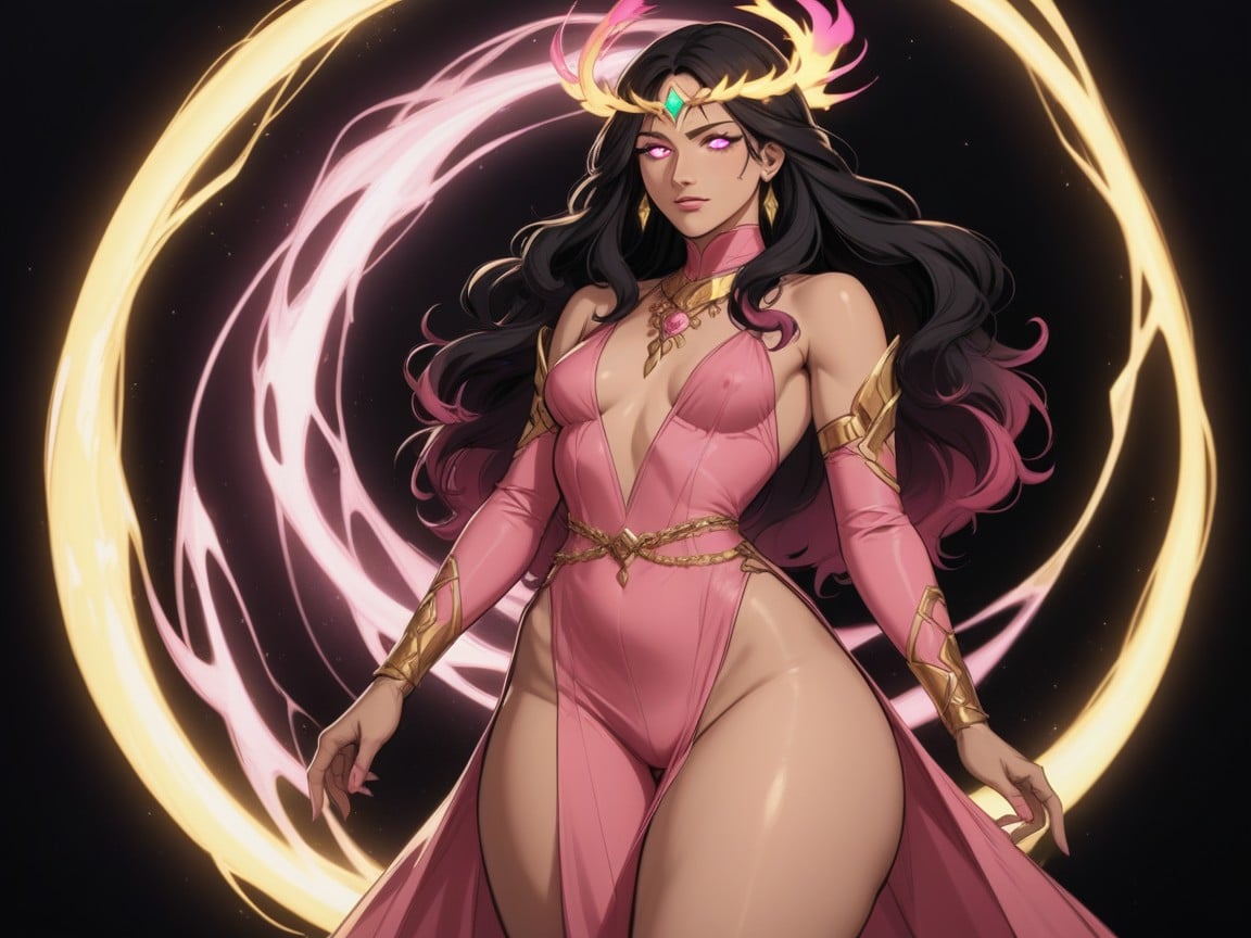 Neon Pink Highlight On Circlet, Small Breasts, Sloped Shoulders Latina AI Porn