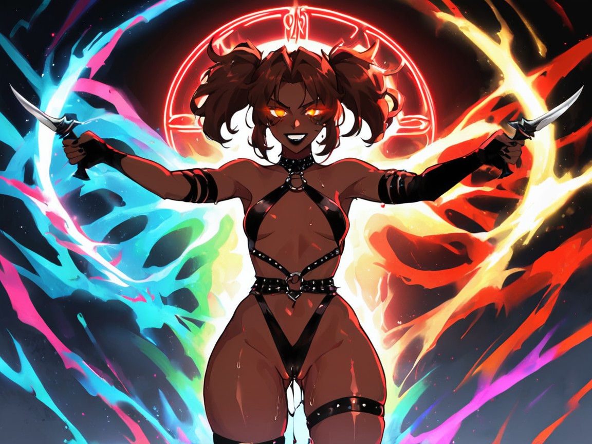 18+, Brown Puffy Nipples, Black Arcane Light Bloom On Lips And Neckline Hentai AI Porn