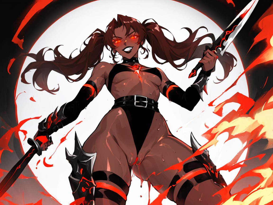 Brown Puffy Nipples, Black Nails, Dagger Pointing Toward Pussy Hentai AI Porn