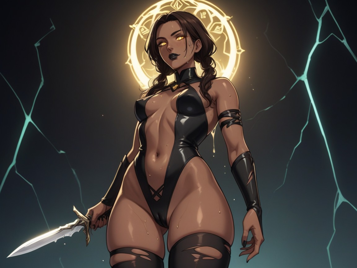 Breasts Apart, Glowing Neon Black Obsidian Dagger As Primary Light Source, Magical Dagger Latina AI Porn