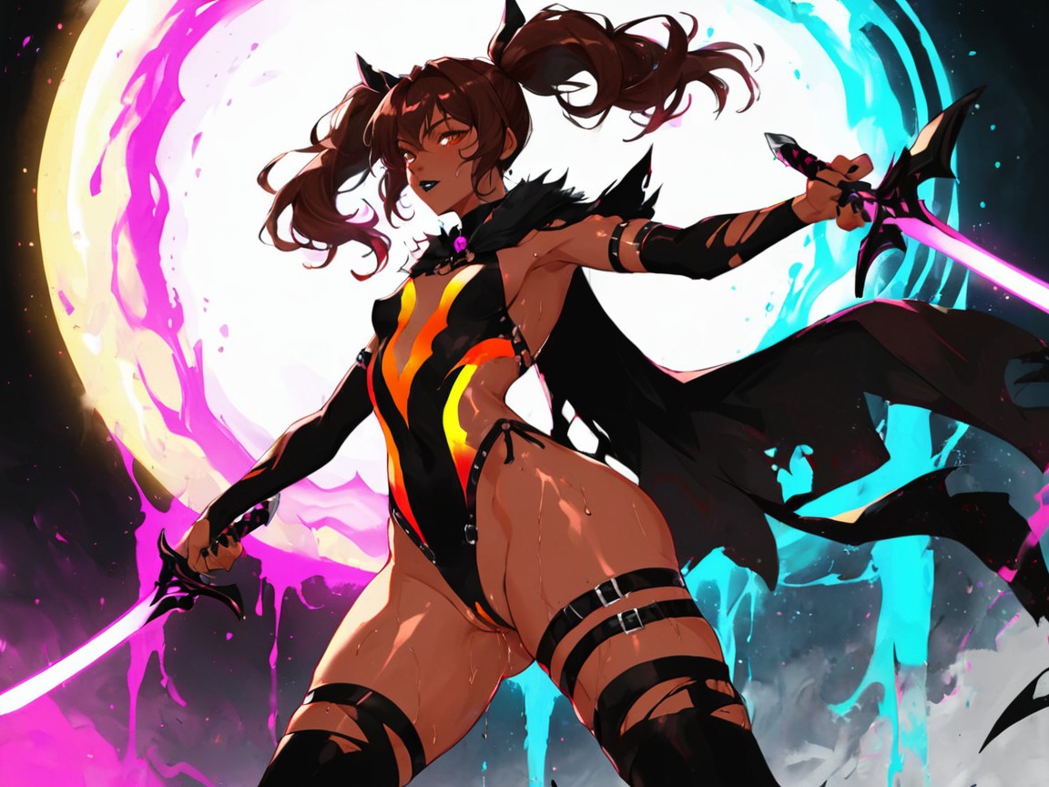 Neon Black Energy Surge From Dagger, Sweaty, Glowing Neon Black Obsidian Dagger As Primary Light Source Hentai AI Porn