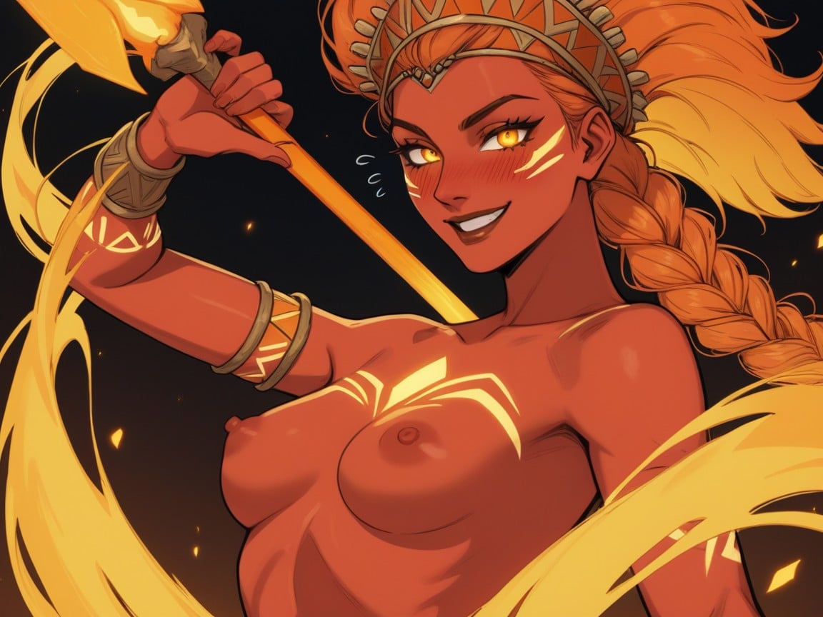1 Person, Copper Red Skin, Soft Neon Orange Light Reflecting On Body Latina AI Porn