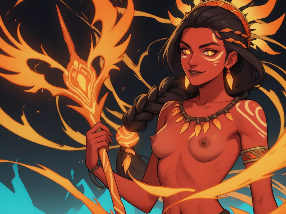 Afterimage, Neon Orange Silhouette, Glowing Neon Orange Tribal Body And Face Paint Latina AI Porn