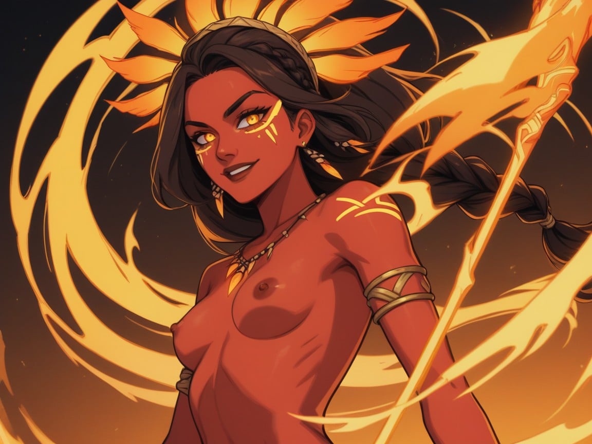 Soft Neon Orange Light Reflecting On Body, Neon Orange Energy Surge From Spear, Copper Red Skin Latina AI Porn