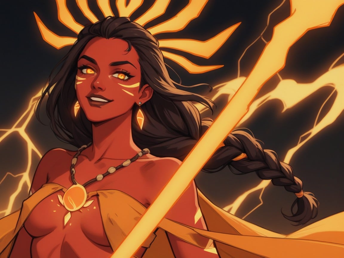 Vibrant Saturated Colors, Wind Air Trails Around Spear, Orange Arcane Light Background Latina AI Porn
