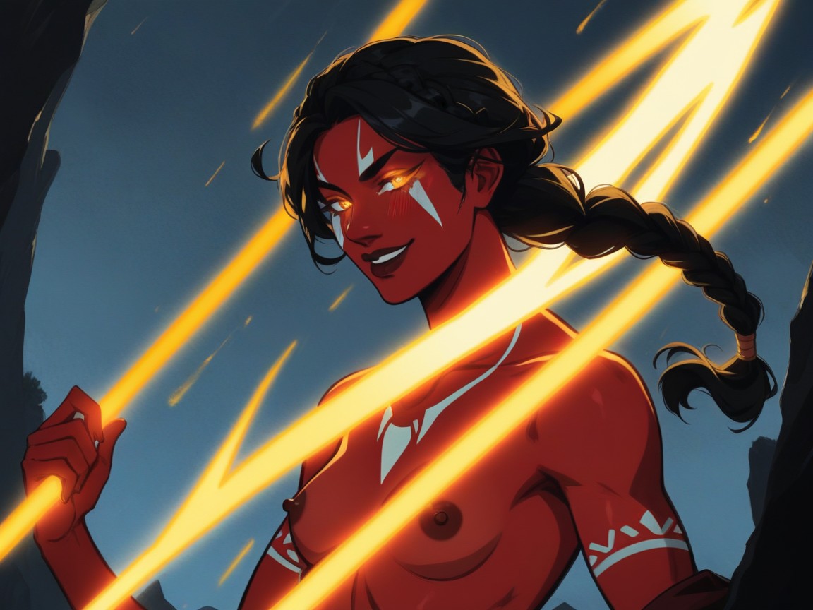 Small Ass, Orange Arcane Lightning Bloom, Glowing Neon Orange Big Spear As Primary Light Source AI Porn