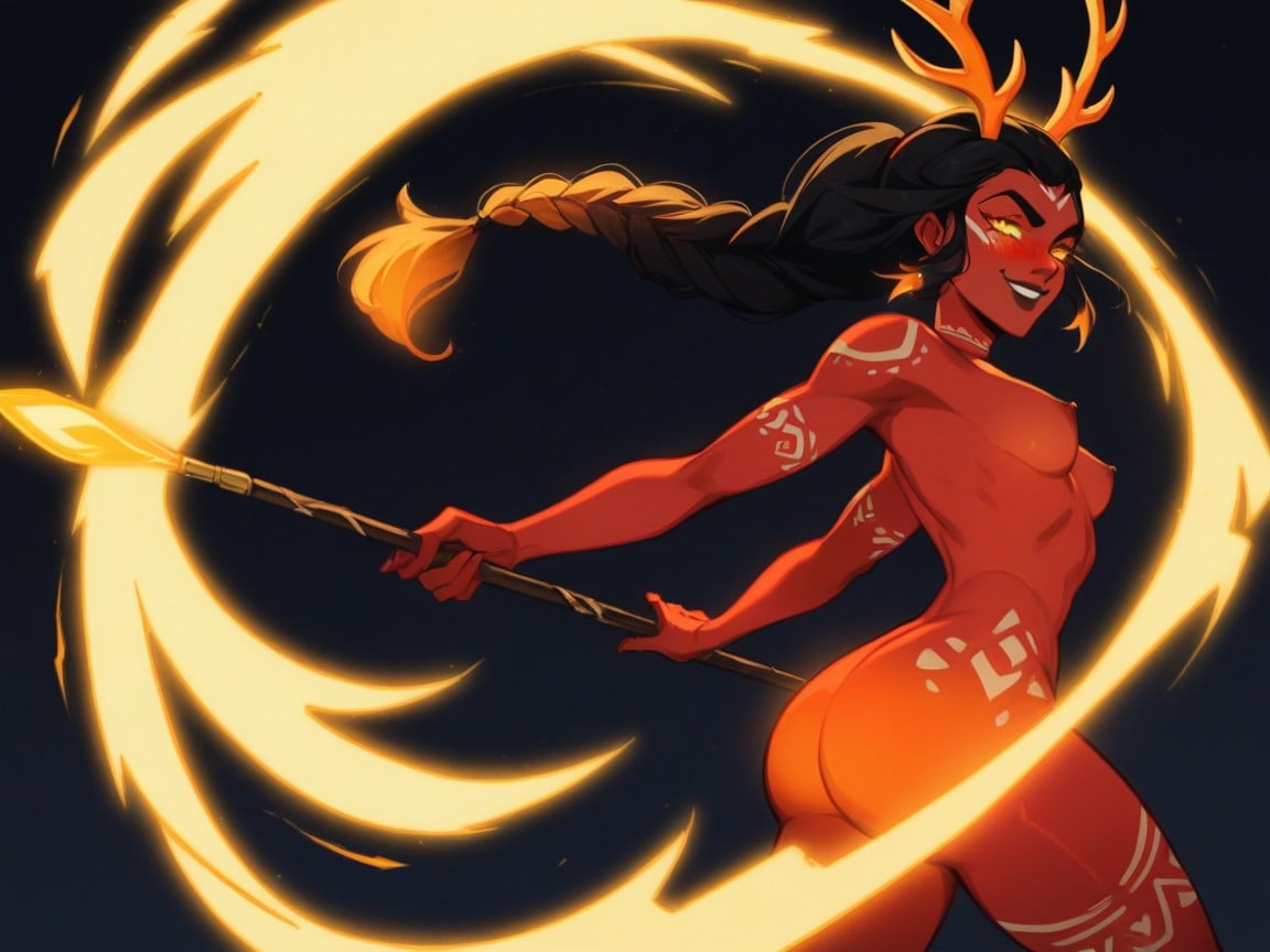 Copper Red Skin, Dark Erect Nipples, Wind Air Trails Around Spear AI Porn