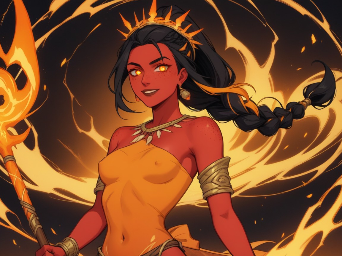 Low Torso Height, Glowing Amber Spear Generating Swirling Wind, Dark Erect Nipples Porno latina IA