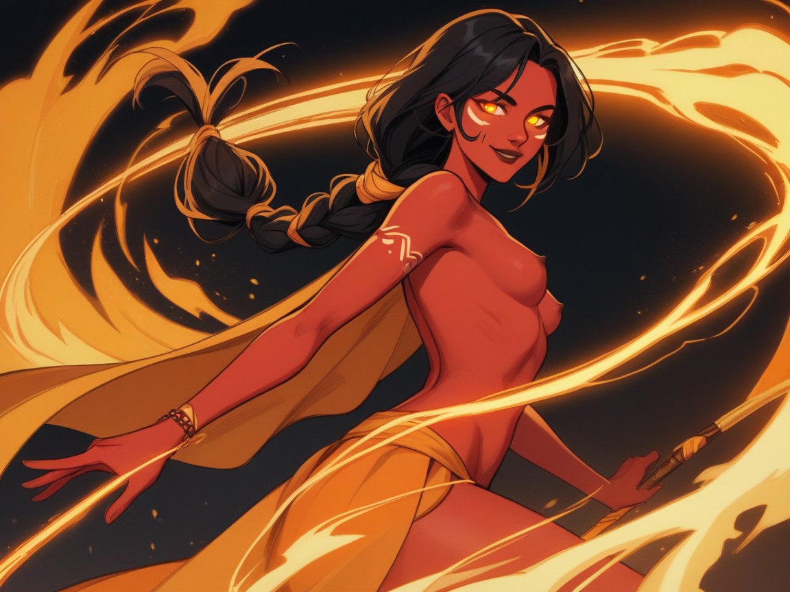 Glowing Neon Orange Tribal Body And Face Paint, Orange Spear Glow, Close Set Breasts Latina AI Porn