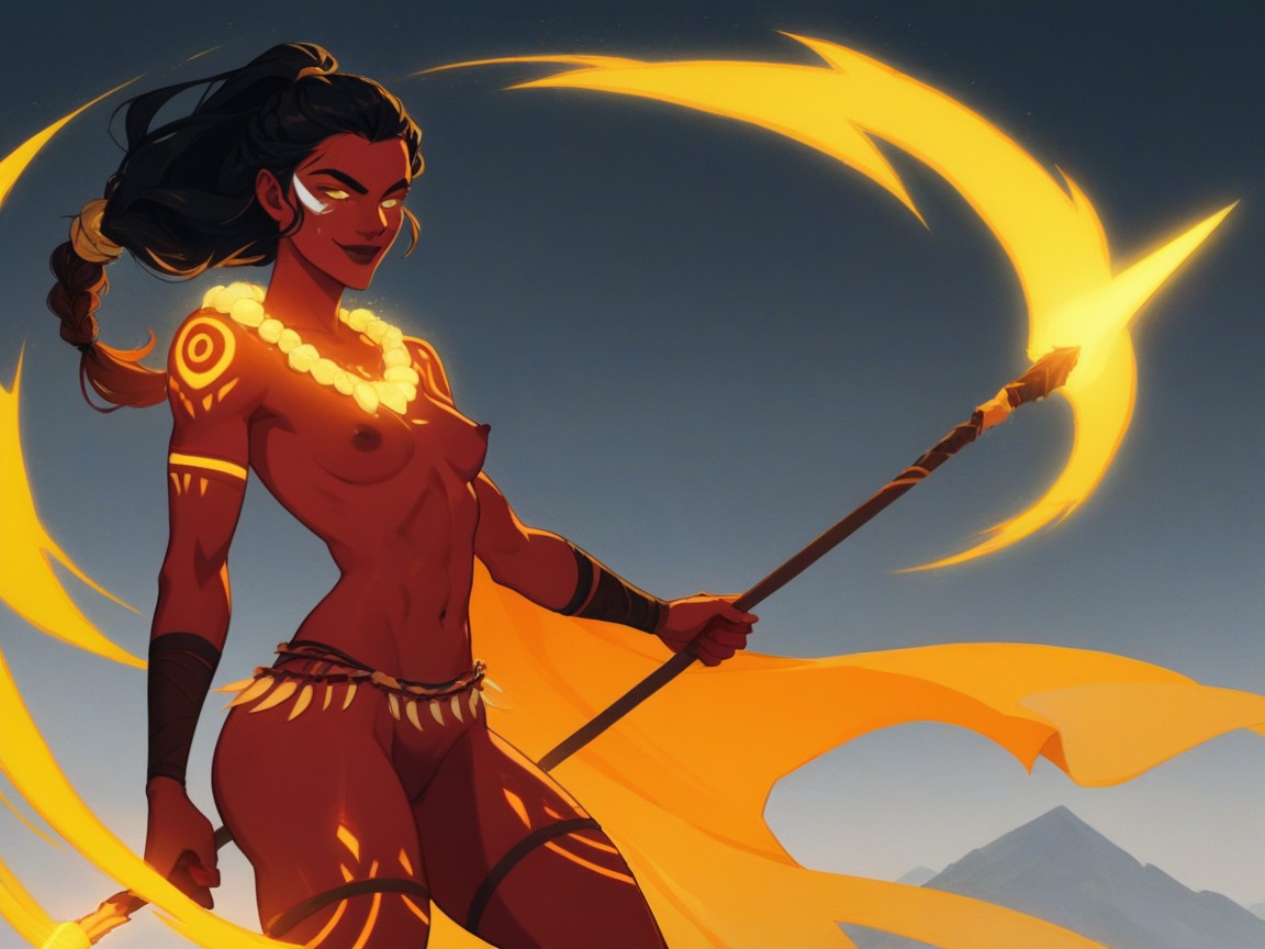 Ponytail, Glowing Amber Spear Generating Swirling Wind, Black Hair AI Porn