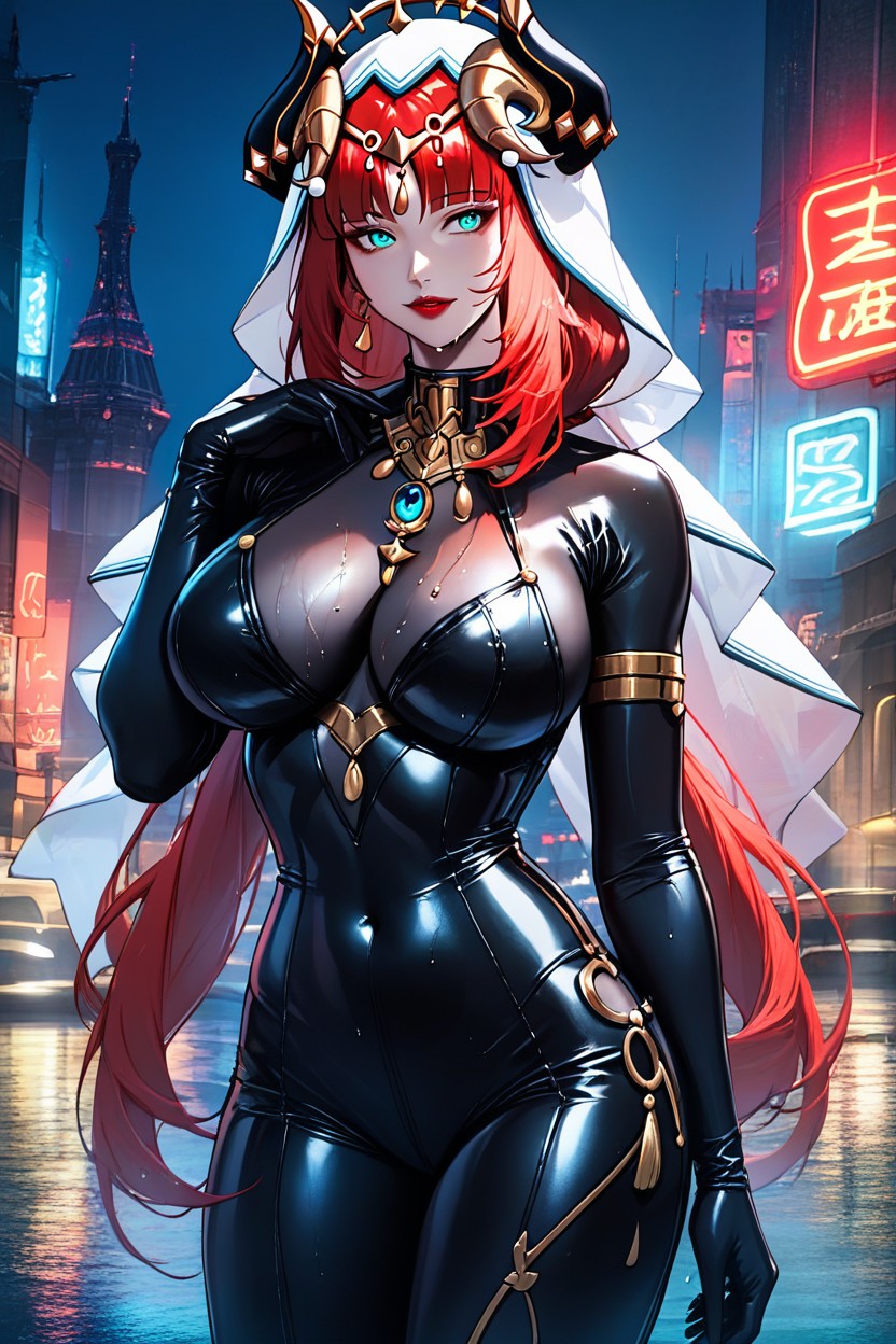 Black Plastic Bodysuit, Neon, Neon Body Elements Hentai AI Porn