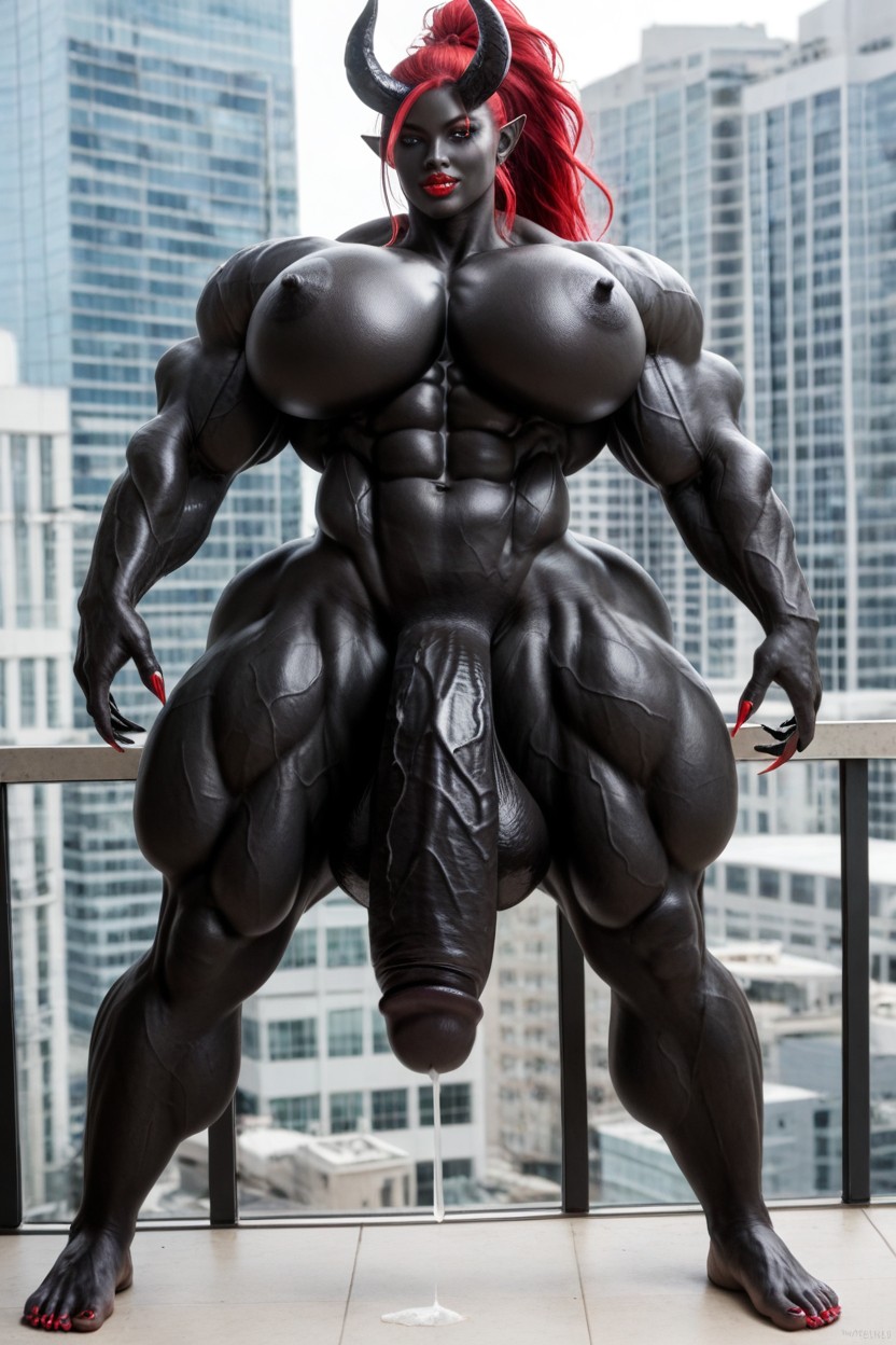 Leaning Against Railing, Hyper Black Balls, Cosplay Shemale AI Porn