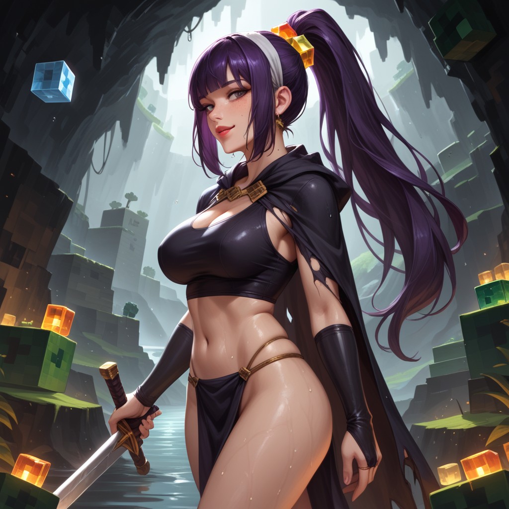 Clevage, Dark Purple Hair, Rounded Ass Hentai AI Porn
