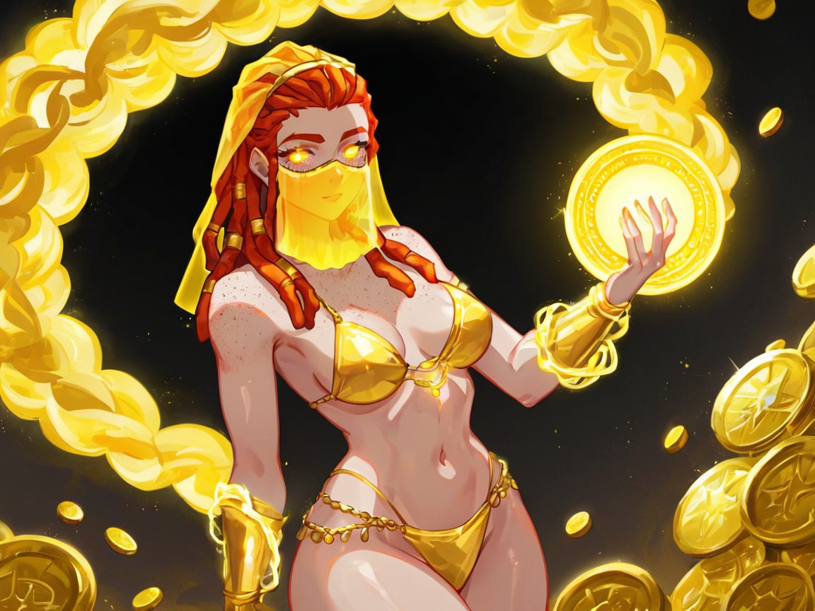 Nipples Pierce Veil, Soft Neon Gold Light Reflecting On Body, Woman Holding Gigantic Golden Coin Hentai AI Porn