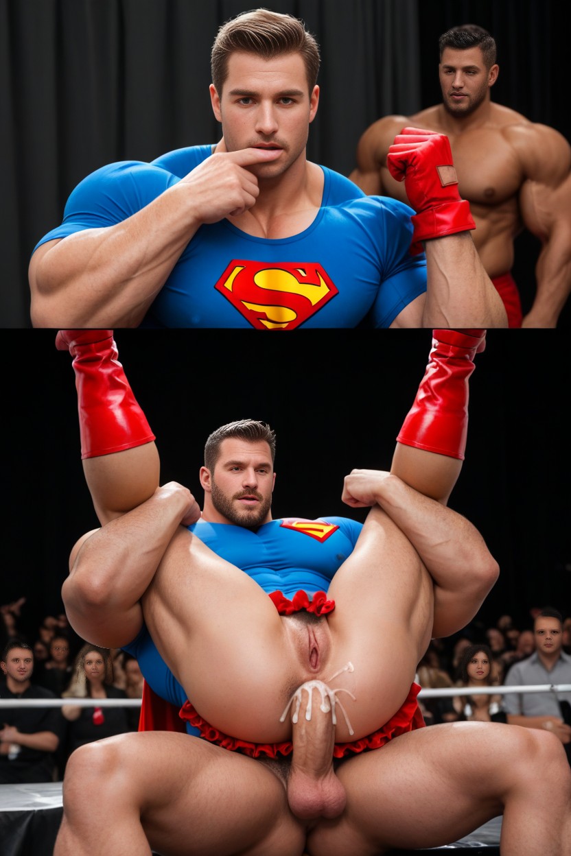Only Men, Superman Like Superhero, On Stage AI Gay Porn