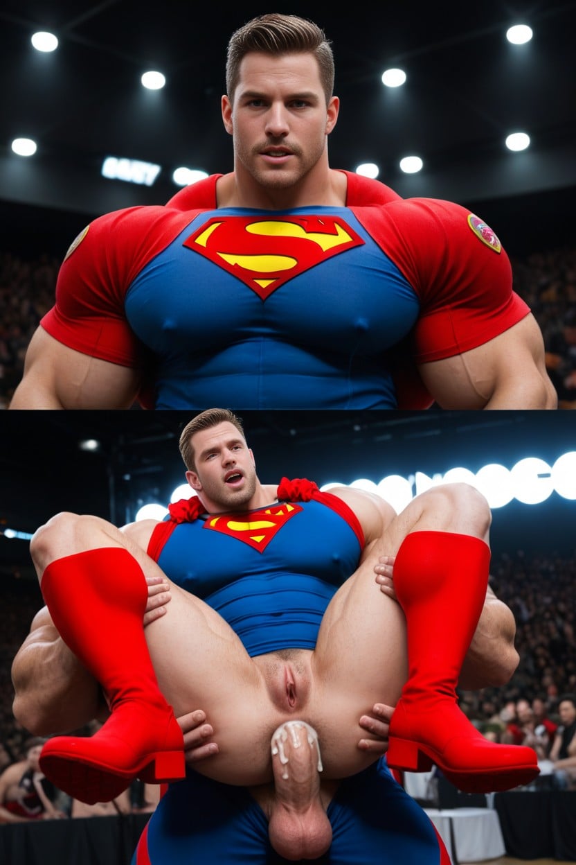 Frilly Red Skirt Above Pussy, Superman Like Superhero, Humiliated AI Gay Porn