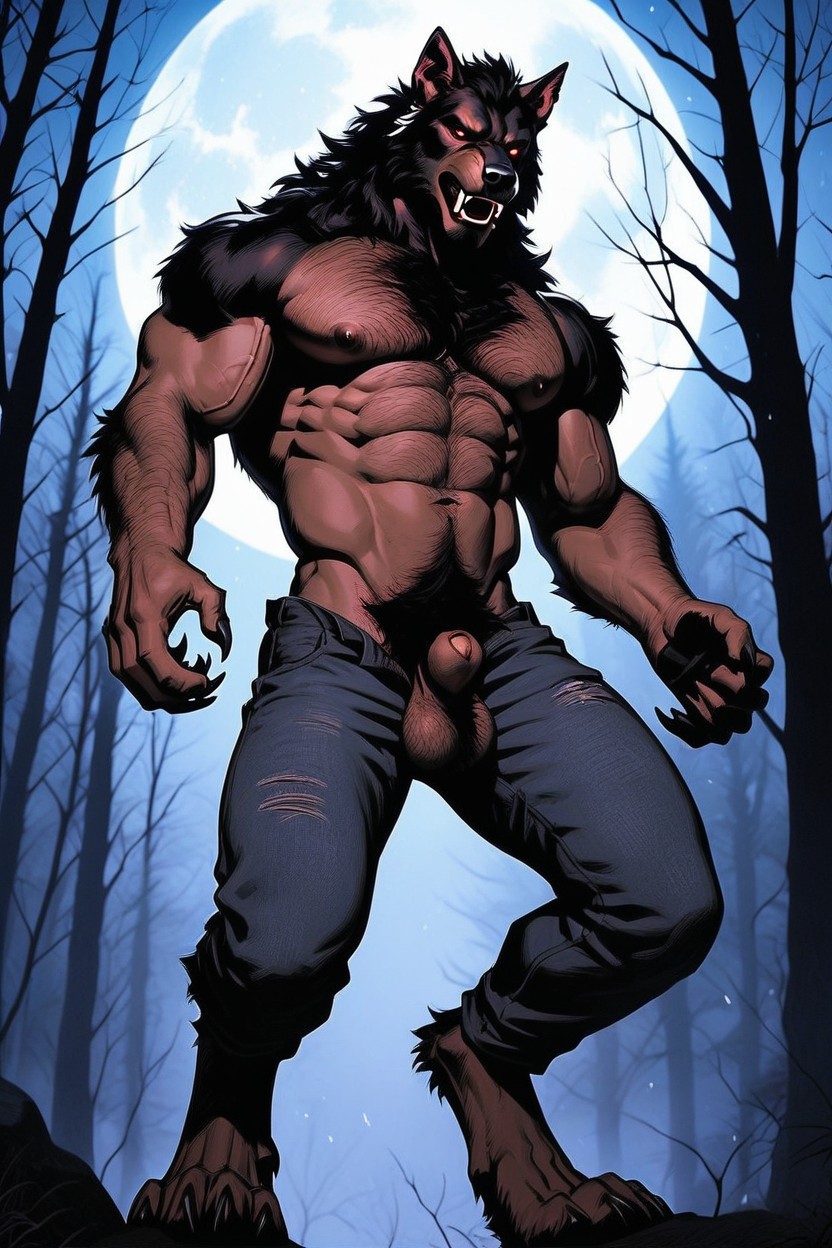 Huge Arms And Hands, The Werewolf Is Squeezing His Furry Sheath And Balls With His Hand, Broad Shoulders AI Gay Porn